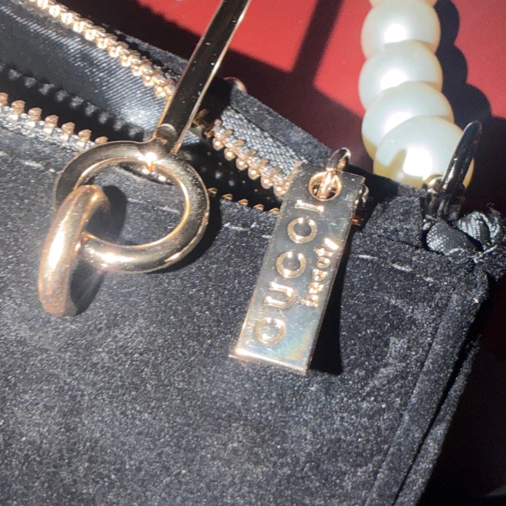 Gucci Black Velvet Clutch with Gold Handles and Pearl Wristlet - Picture 11 of 13
